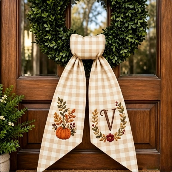 YingYouFu Personalized Fall Pumpkin Wreath Sash with Monogram and Embroidery, Thanksgiving Bow Farmhouse Ribbon for Yard, Doorway, Indoor Outdoor Decorations