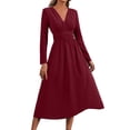 thumbnail image 2 of Guieoi Womens Dresses Long Sleeve Solid-Color High-Waisted Pleated V-Neck Dress Midi Dress Red XL, 2 of 8