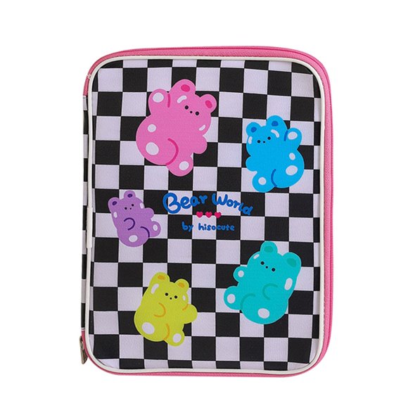 Girl Cartoon PU Checkerboard Pattern Tablet Case Zipper Clutch (Black)
