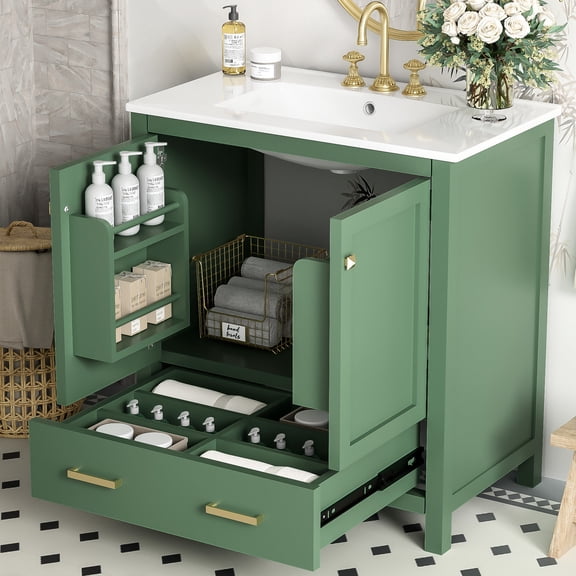 30-Inch Single Sink Green Bathroom Vanity | Enhance Bathroom Decor with Modern Design | Waterproof Surface on Ceramic Sink | Sturdy Construction for Long-Lasting Use