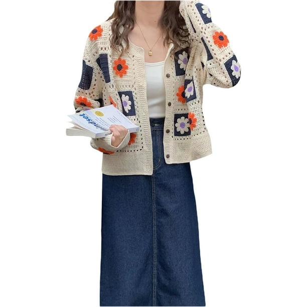 Txlixc Suéter floral de ganchillo femenino, cardigan de botón de manga larga, negro / beige / rosa Txlixc moda