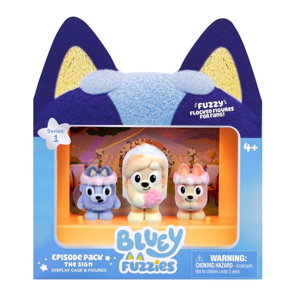 Bluey Fuzzies Episode Pack: The Sign. 3 Flocked Collectibles (Incl. 1 Exclusive), Display Case, Trading Card, and Collector's Guide. Ages 4 