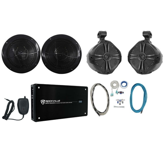 (2) Rockville RMC80B 8" Marine Boat Speakers (2) 8" Wakeboards 4-Ch Amp Wire Kit