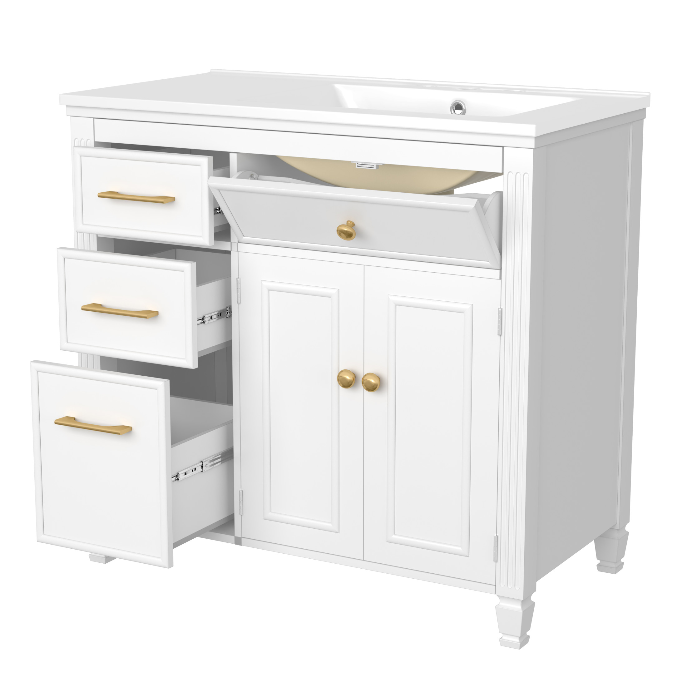 Christopher Knight Home 36" Bathroom Vanity with Sink, Tip-out Drawers & Gold Metal Handles, White