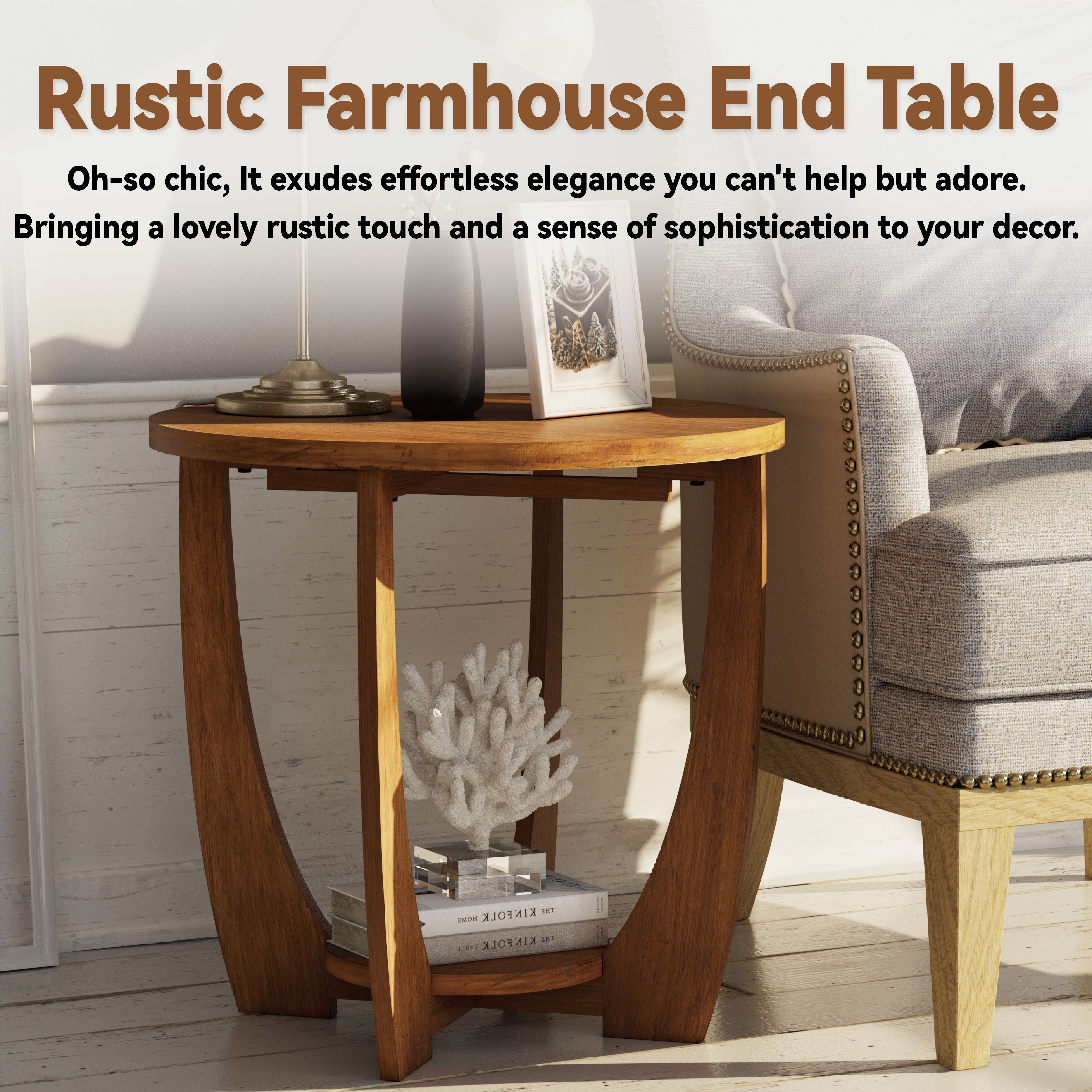 COZAYH Modern Rustic Farmhouse Stability Medium Density Fiberboard Circle End Table, Brown