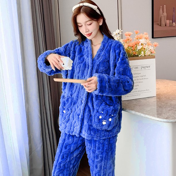 Pijamas de pareja para mujer, otoño e invierno, forro polar coral grueso, lindo conjunto de ropa de casa de invierno de franela