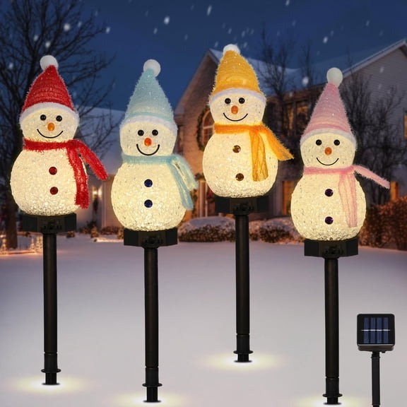 Lewondr Solar Christmas Pathway Lights Outdoor, 4 Pack Snowman Stake Lights for Garden Christmas Decor, Waterproof Solar Landscape & Walkway Lights for Xmas Patio Yard Garden Porch