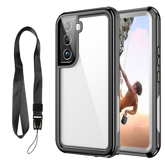 FIEWESEY Slim Cell Phone Case with Neck Strap for Samsung Galaxy S22 6.1, Black