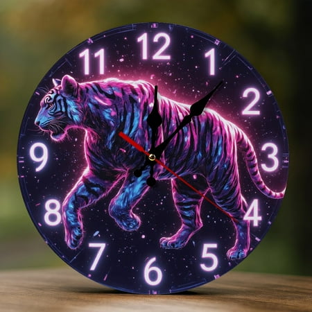 Wall Clock Decorative - Neon Colorful Tiger Print 2D Vintage Wall Clocks Battery Operated Silent Non-Ticking for Bedroom, Living Room, Kitchen, Office, Classroom, 10 Inch