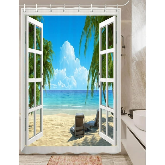 Beach Scene Shower Curtain for Travel Trailers, Tropical Beach Shower Curtain Summer Seaside Scene Ocean Island Palm Tree Shower Curtain Happy Camper Shower Curtain for Travel Trailers, 47X64inch