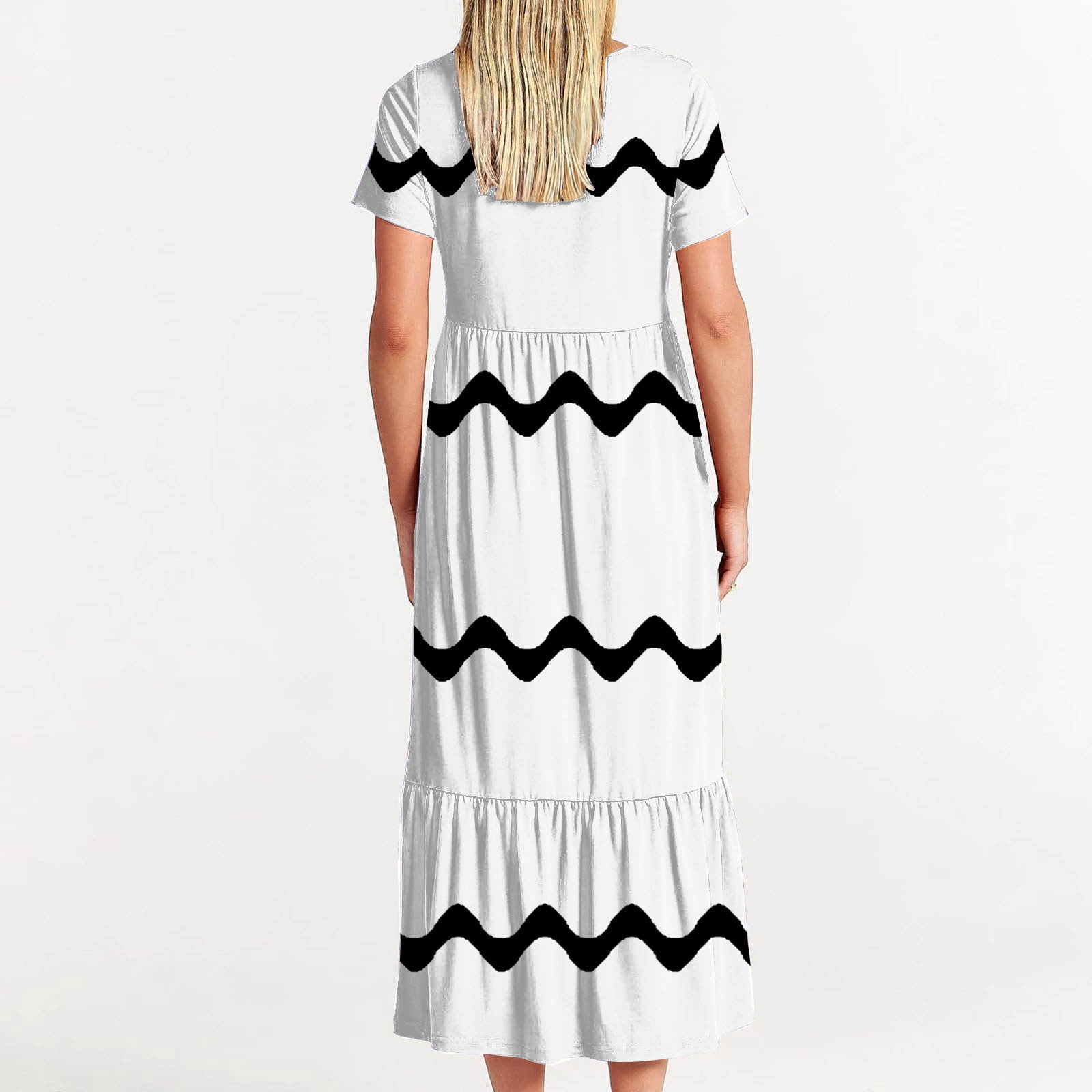 Womens Short Sleeve Mid Long Dress with Pockets Fashion Wave Striped Print Pleated Casual Tiered Maxi T-shirt Dress (X-Large, White)