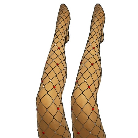 

Women Sexy Diamond Fishnet Tights Red Love Heart Dot for Rhinestone Mesh Pantyho