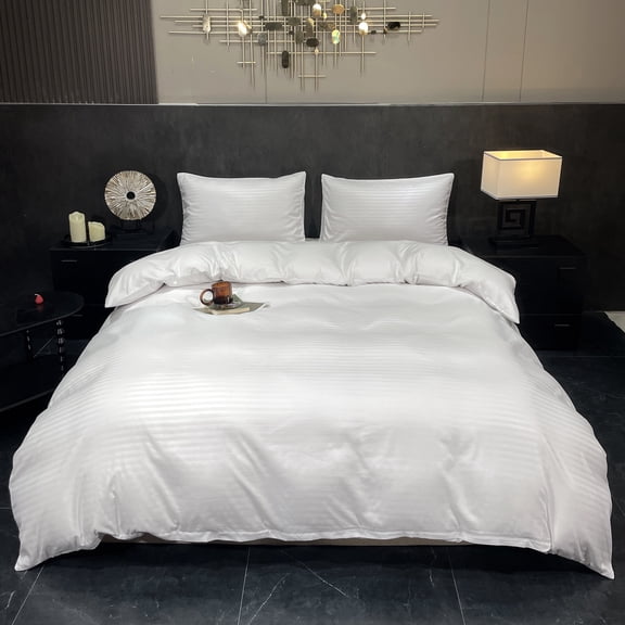 Orylavena White Damask Stripe Microfiber Duvet Cover Set, Twin, 3-Piece