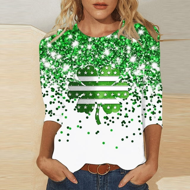 TaTaai Women Crew Neck 3/4 Sleeve St. Patrick's Day Green Print Loose Top Casual Fashion T-Shirt Ladies Spring Holiday Gathering Wear Lightweight Breathable Non-See-Through No Fading Top Gift