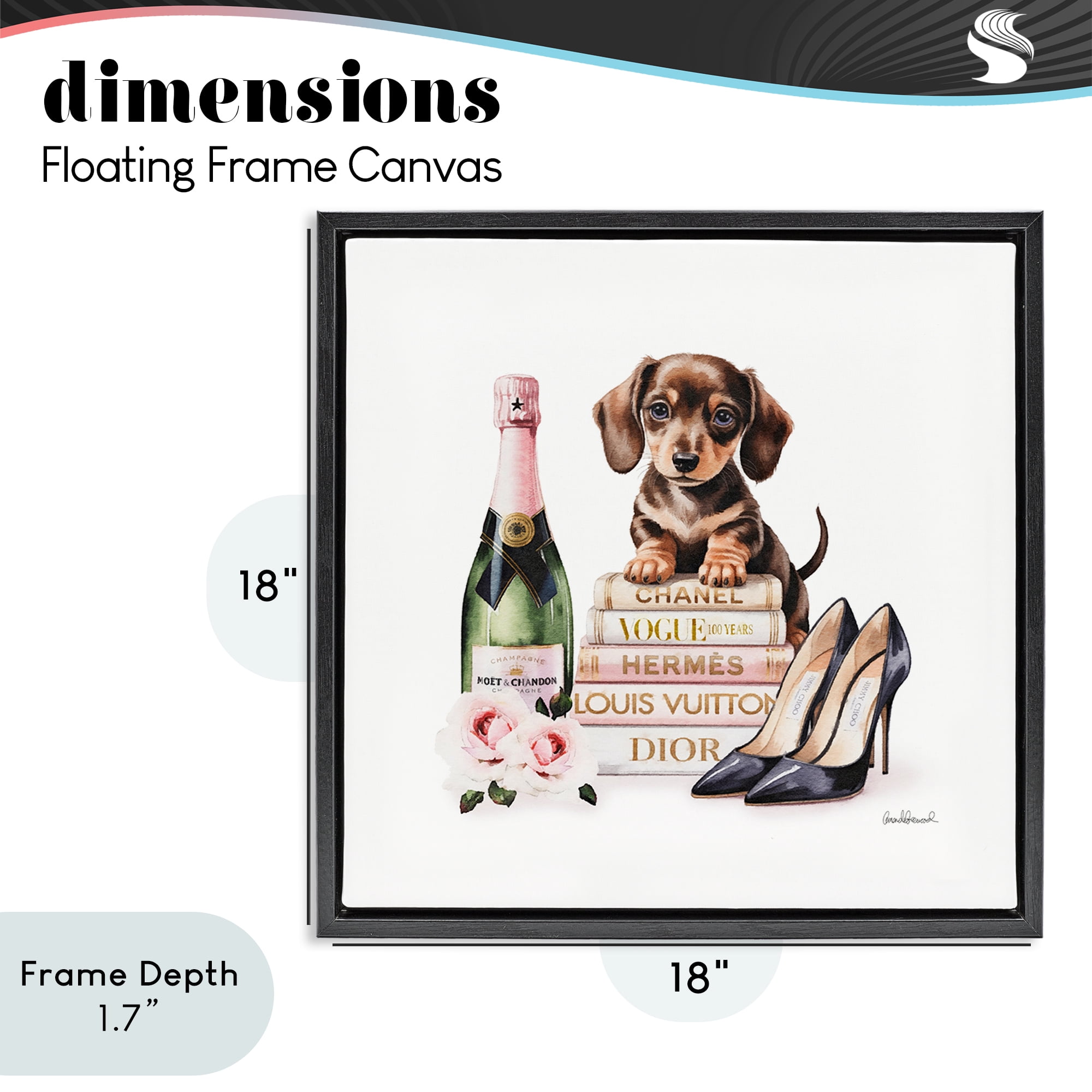 Stupell Industries Luxury Books & Puppy Black Framed Floater Canvas Wall Art, design by Amanda Greenwood