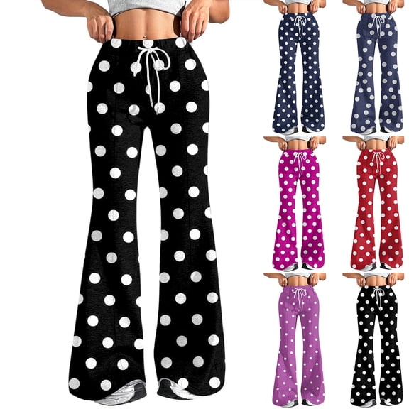 Women's Fashion Loose Drawstring Waist Polka Dot Print Casual Sports Flared Pants, Black, L
