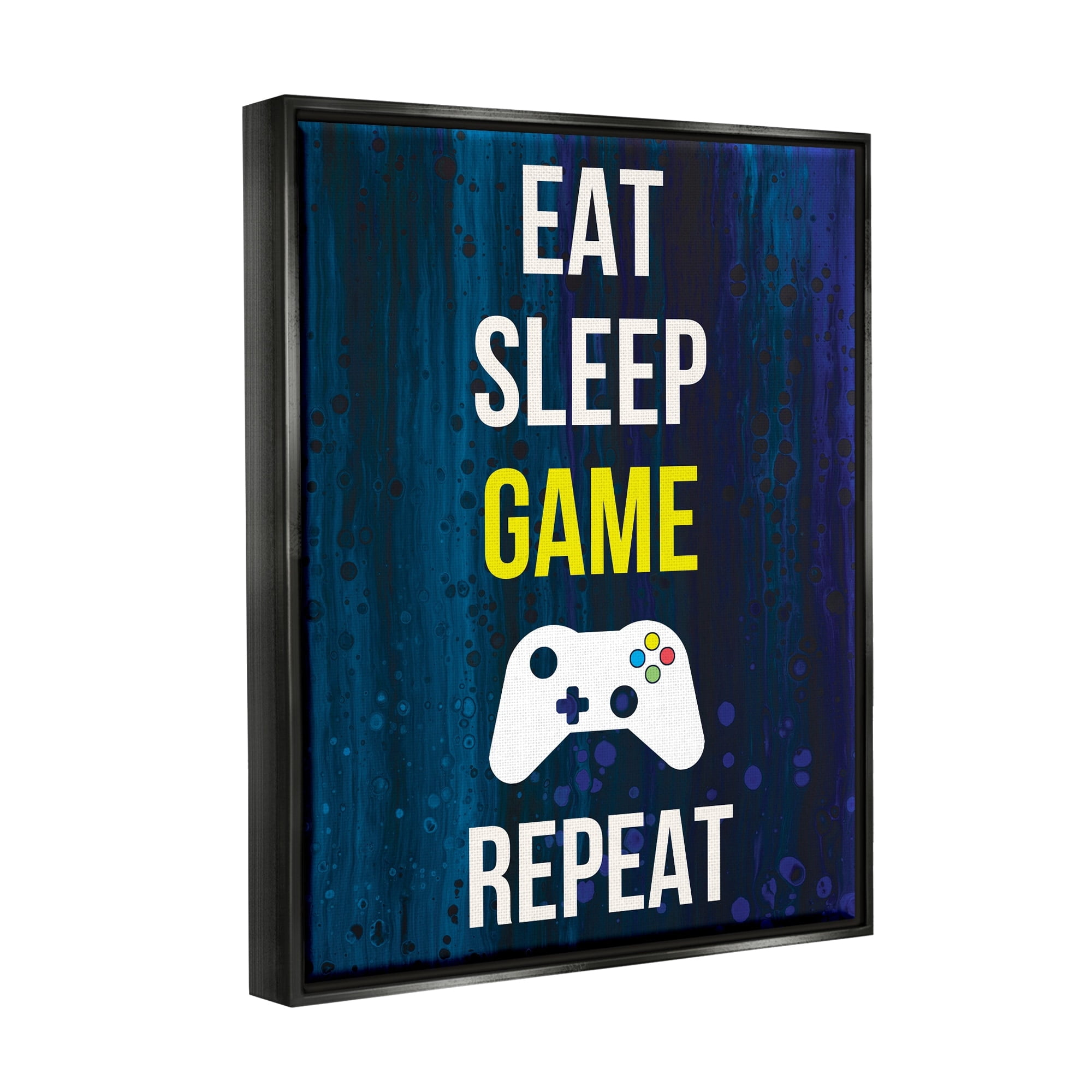 Stupell Industries Eat Sleep Game Repeat Controller Layered Background Graphic Art Metallic Gold Floating Framed Canvas Print Wall Art, Design by Annie Warren