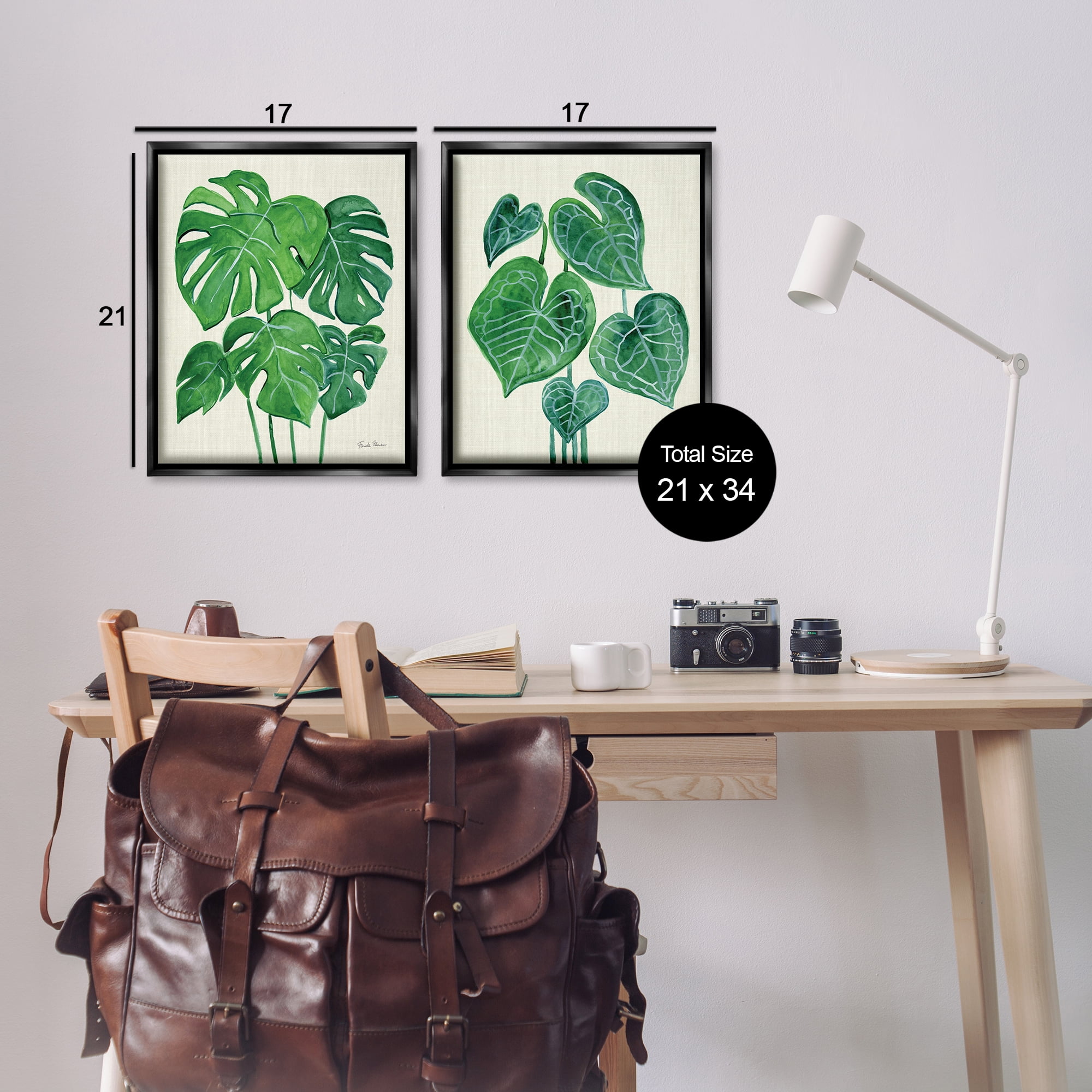 Stupell Industries Thriving Detailed Monstera Leaves Plants & Flowers Painting Black Floater Framed Canvas Art Print Wall Art, 17 x 21, Set of 2