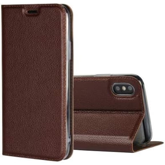 Genuine Leather Case Slim Folio Book Cover with Credit Card Slots,Kickstand Feature Stand Holder,Magnetic Closure [TPU Shockproof Interior Protective Case] for Apple iPhone Xs Max,Brown