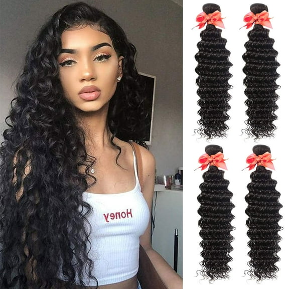 Remy Brazilian Human Hair Deep Wave Bundles 100% Unprocessed Brazilian Virgin Human Hair Weave Extensions Natural Black Color 4 Bundles(10"12"14"16")