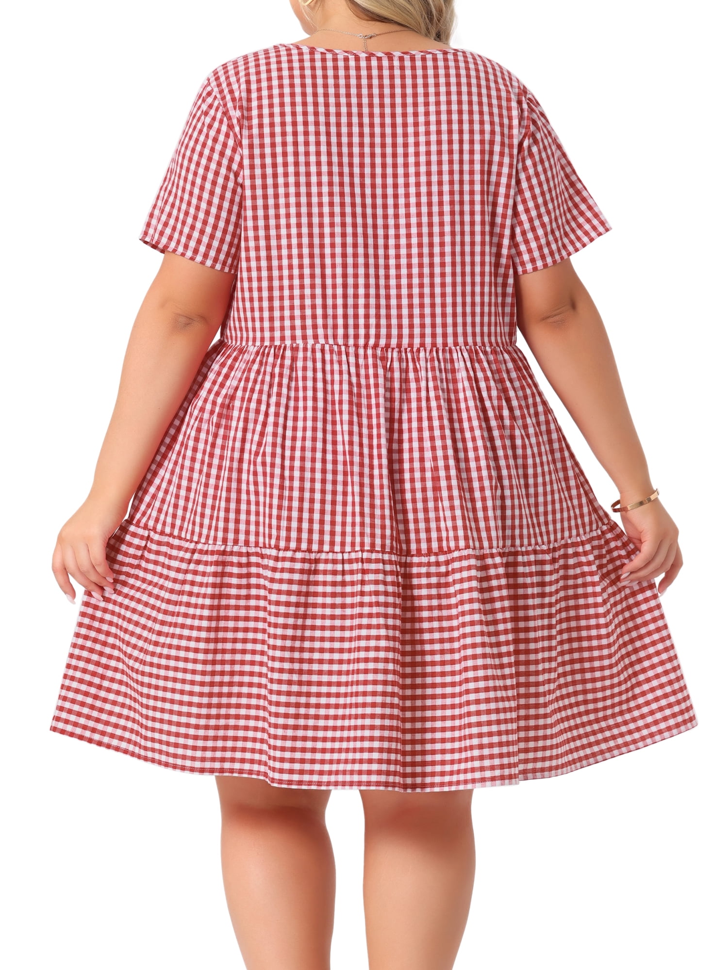 DARING DIVA Women's Plus Size Plaid Round Neck Short Sleeve Midi Dress 2X Red