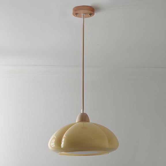 Litfad Retro Pumpkin Cream Glass Pendant Light, Wood Base Hanging Fixture for Kitchen Island Dining Room
