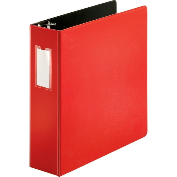 Business Source Slanted D-ring Binders - 3" Binder Capacity - 3 x D-Ring Fastener(s) - 2 Internal Pocket(s) - Chipboard, Polypropylene - Red - PVC-free, Non-stick, Spine Label, Gap | Bundle of 5