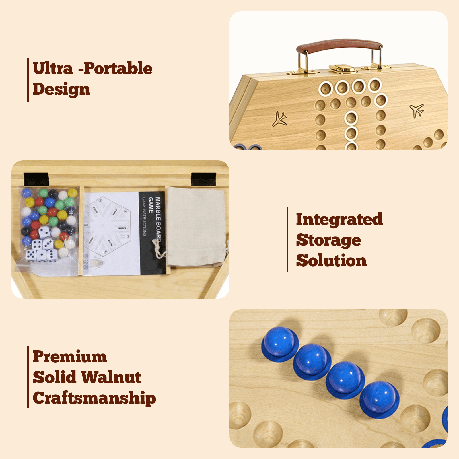 Grhonior Folding Wooden Wahoo Aggravation Marble Board Game Set Classic 6 Player with Integrated Accessory Storage 1 Pack Large 21 Inch