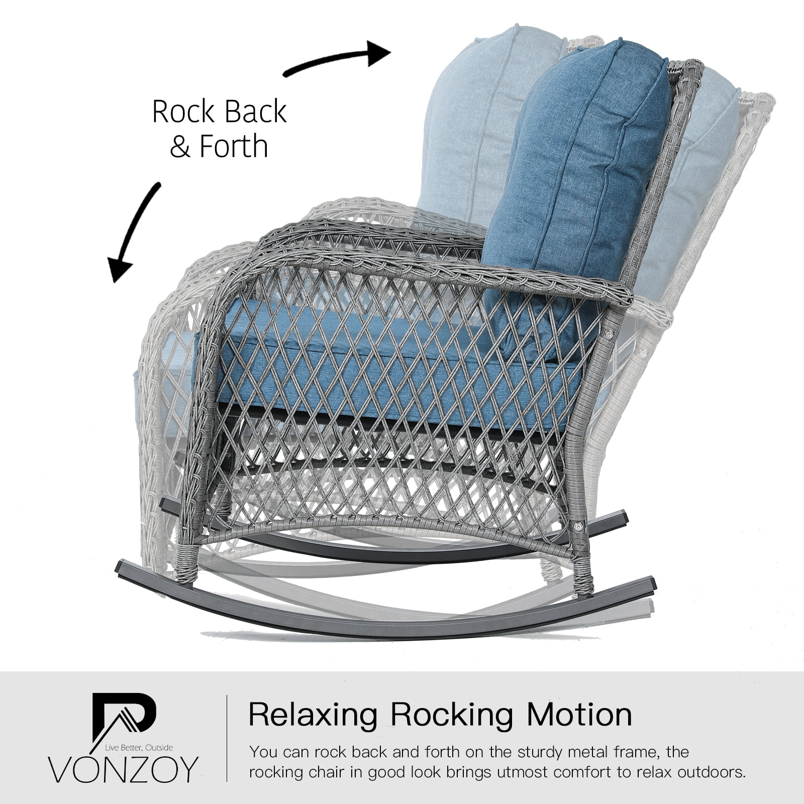 ELPOSUN 3-Piece Outdoor Rocking Chairs, Wicker Patio Furniture with Thickened Cushions and Table for Porch