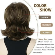 QUEENTAS Mullet Wig Short Brown Wigs for Women Synthetic Brown Wig with Bangs Mix Blonde Highlights