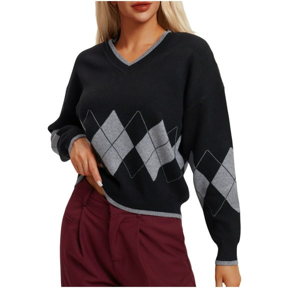 Utoimkio Women's Striped Sweater Pullover V Neck Long Sleeve Cable Knitted Color Block Casual Loose Lightweight Sweaters for Women