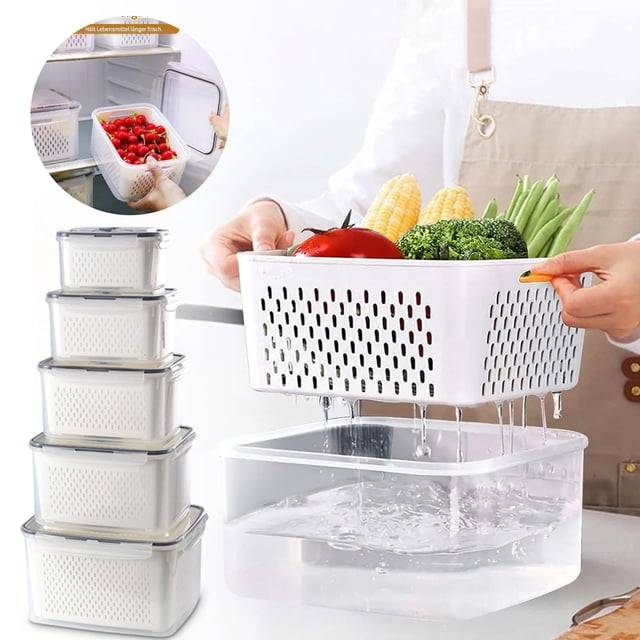 5-Piece Food Storage Containers Set, Stackable Organizers with Sealed Lids & Detachable Filter Inserts, Space-Saving Design for Fruits, Vegetables & Meat, Freshness Preservation