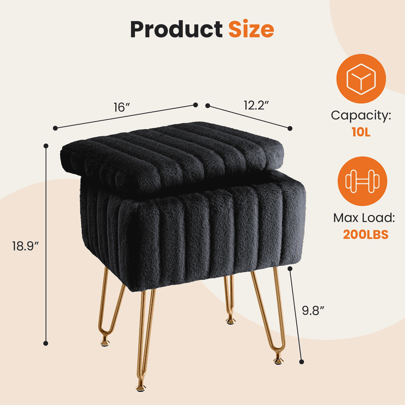 Gianna Square Ottoman with Storage, Makeup Cute Soft Small Footstool, Modern Style Faux Fur Seat with 4 Metal Legs & Adjustable Feet for Dressing, Living Room Bedroom Dorm, Black
