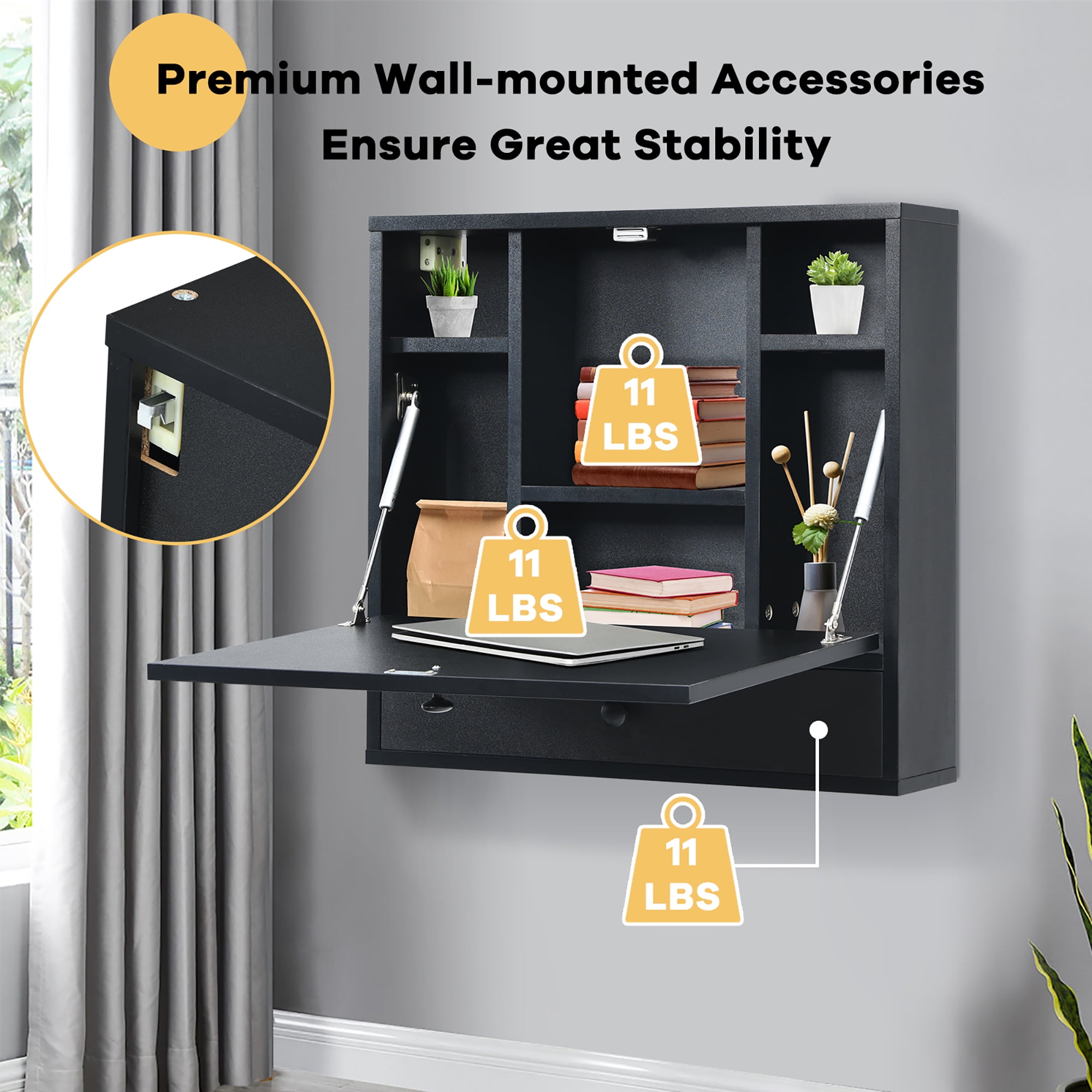Costway Wall-Mount Floating Desk Foldable Space Saving Laptop Workstation Black