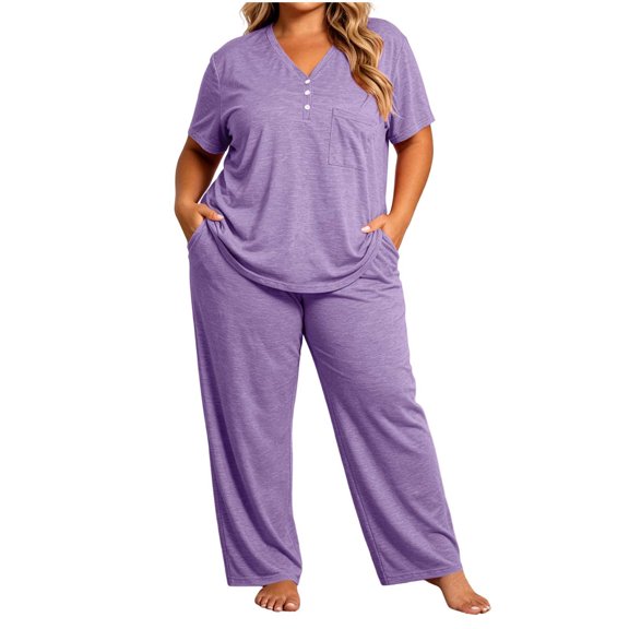 Cmfcve 2 Piece Pajama Set for Women Plus Size Short Sleeve Tops & Drawstring Pants Casual Daily Sleepwear Sets