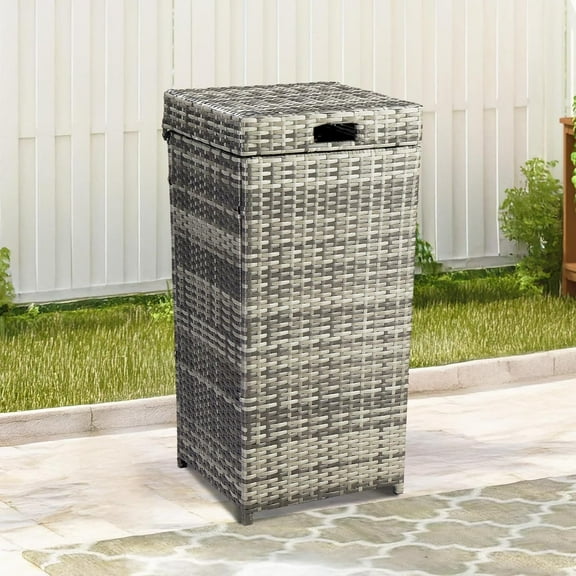 LYYHTY Wicker Patio Trash Can, 27 Gallon Rattan Trash Can with Removable Lid, Outdoor Wicker Waste Basket, Wast Container (Grey)
