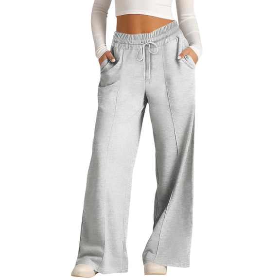 Sevevn Women's Front Seam Wide Leg Palazzo Sweatpants Drawstring Elastic High Waist Casual Trousers with Side Pockets Gray S