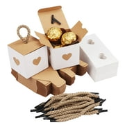BELLE VOUS 50 Pack Mini White & Brown Heart Gift Boxes - 2 x 2 x 2 inch Wedding & Party Favor Paper Candy Kraft Boxes with Cute Twine Handles