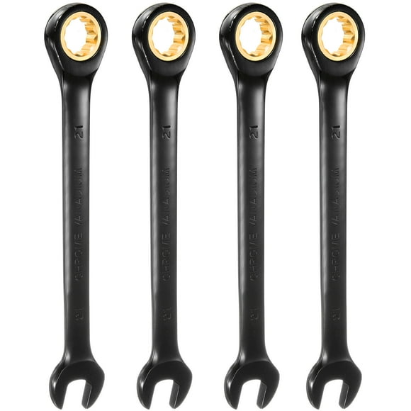 Uxcell 4Pcs Ratcheting Wrench 21mm Metric Open End Wrench 72-Teeth CR-V Steel 12 Point Nickel Plated Combination Ratchet Wrench