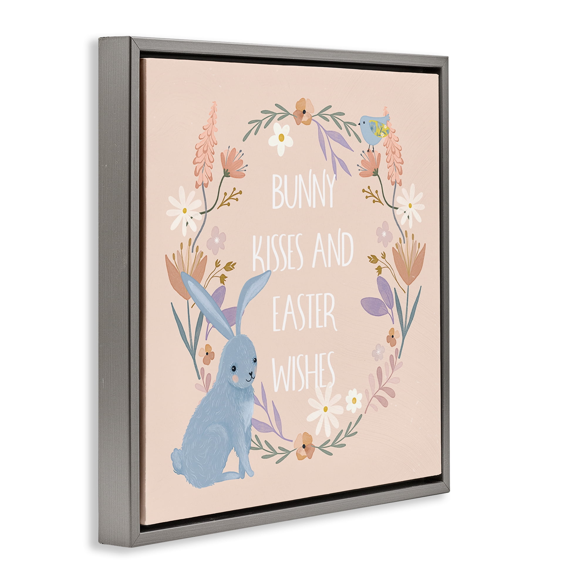 Stupell Industries Bunny Kisses Easter Wishes Holiday Painting Gray Floater Framed Canvas Art Print Wall Art, 25 x 25
