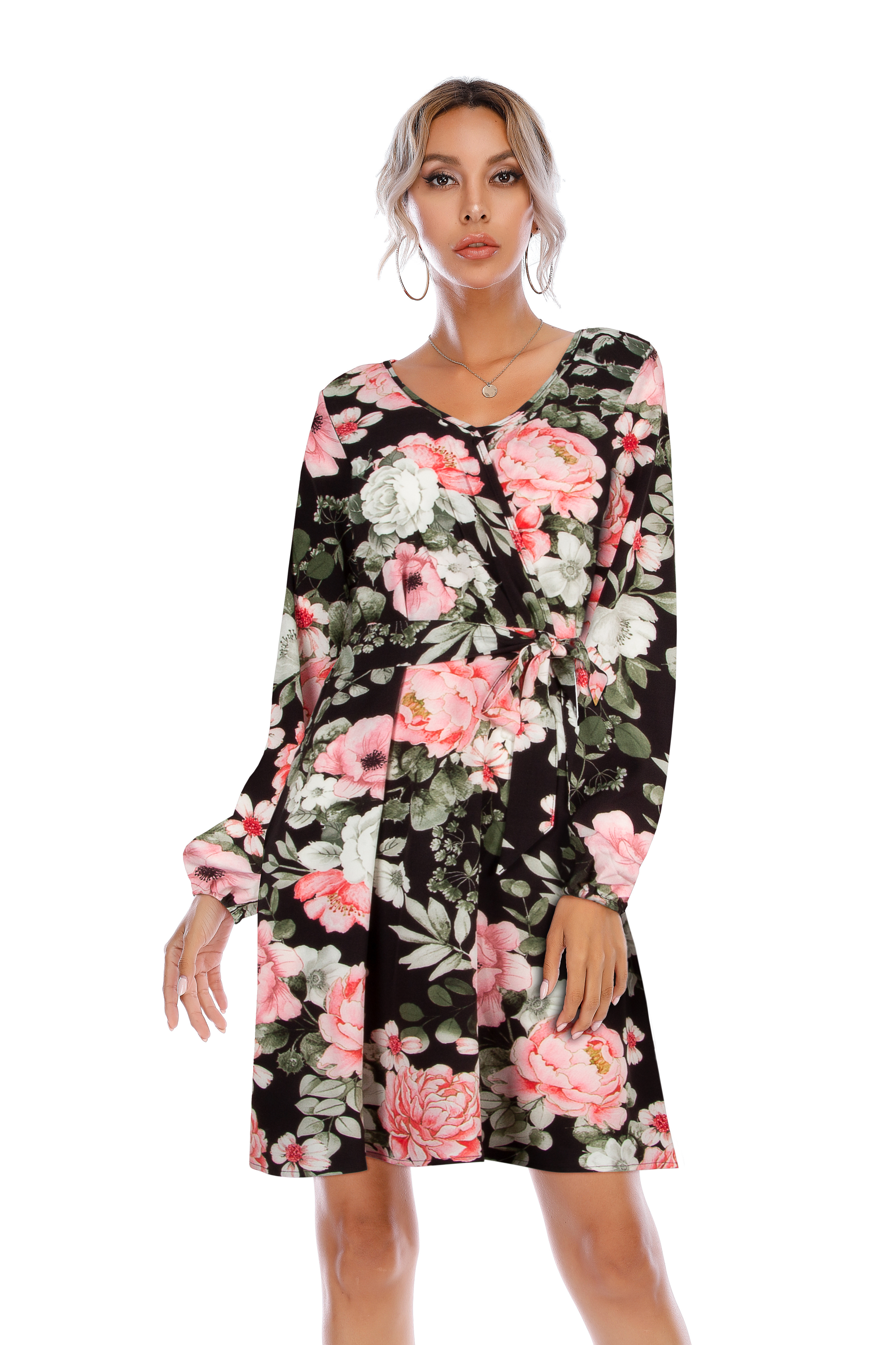 Women S Elegant Long Sleeve Dress V Neck Above Knee Length Tie Waist Casual Cocktail Party Dress Black Walmart Com