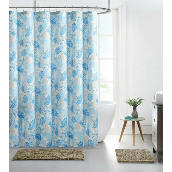 Kate Aurora Hampton Bay Beachside Blue Seashells & Corals Mold & Mildew Resistant Fabric Shower Curtain