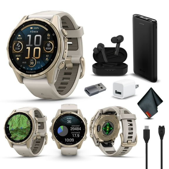 Garmin Fenix 8 43MM AMOLED Sapphire Multisport GPS Smartwatch Sapphire, Soft Gold with Fog Gray/ Sandstone Silicone Band with Accessories
