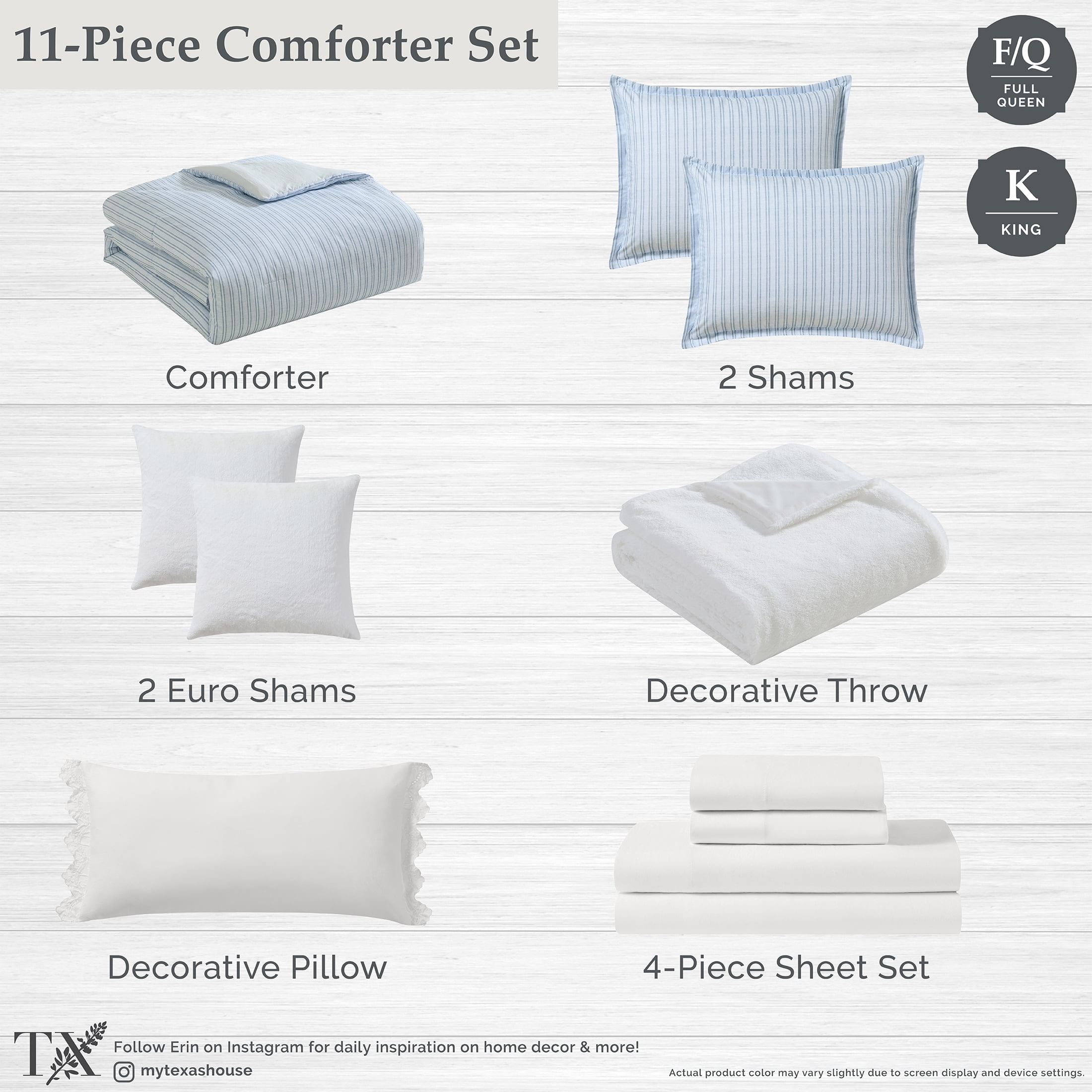 My Texas House Stripe 11-Piece Comforter Set with Sheets, Blue, Queen