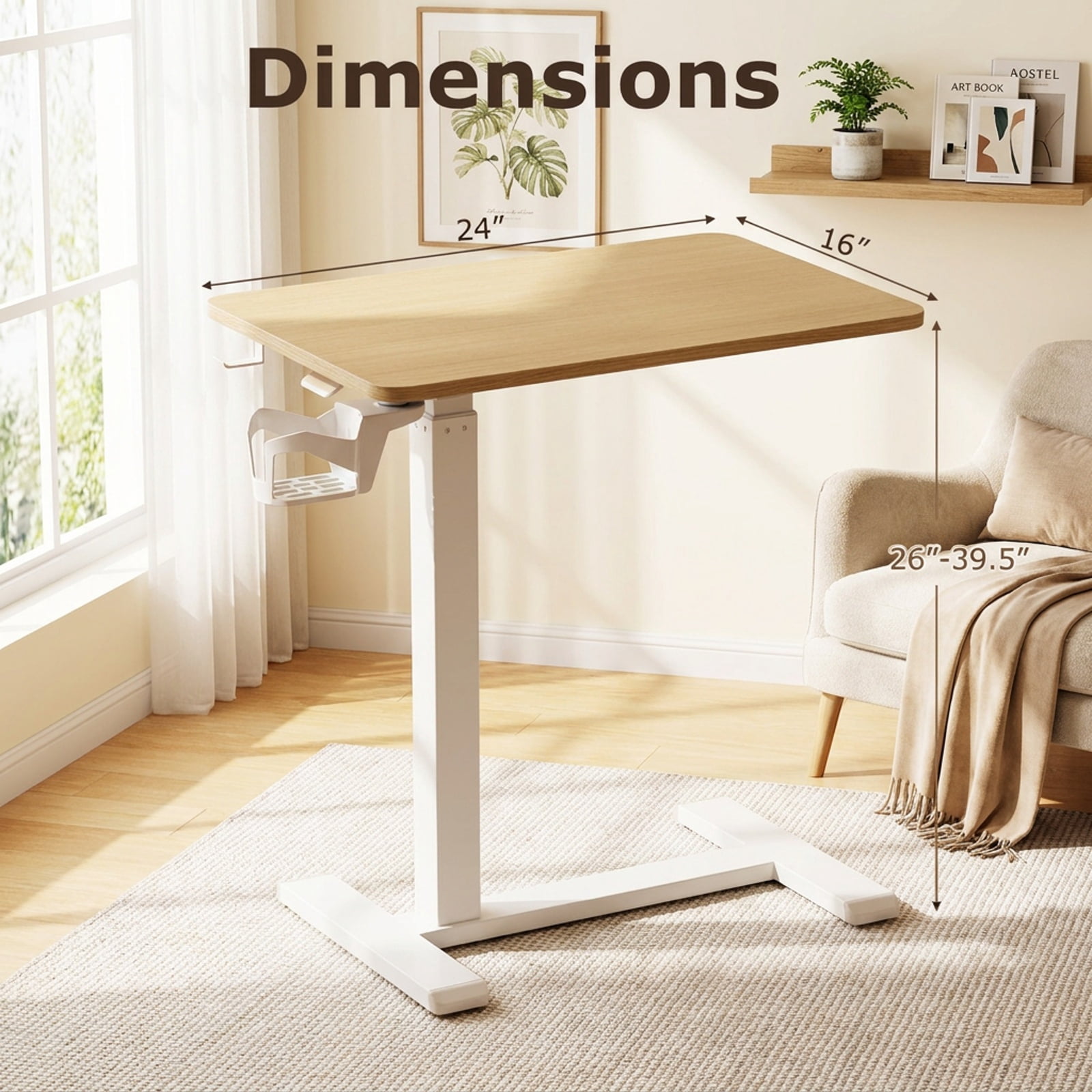 Furnibear Mobile Height Adjustable Overbed Bedside Table with Cup Holder and Wheels C Shaped Side Table for Bedroom Sofa, Natural