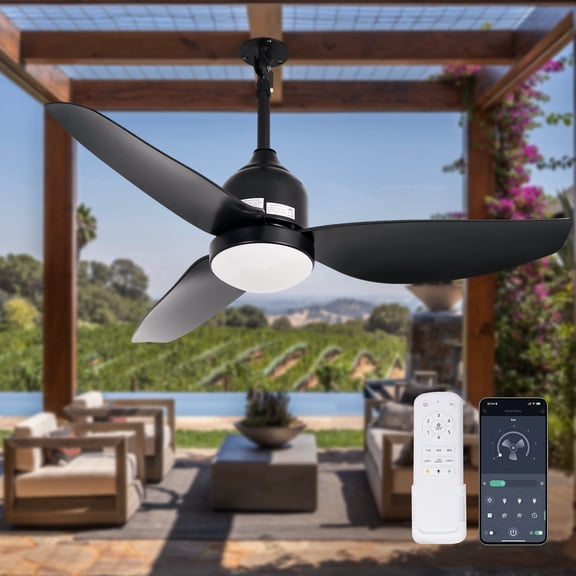 HOMREST 42 Inch Outdoor Ceiling Fan with Light,Waterproof Plug in Ceiling Fan,Outdoor Gazebo Fan,App&Remote Control,3 Colors LED Light,6-Speed Quiet DC Motor,Reversible,for Patio Porch(Black)