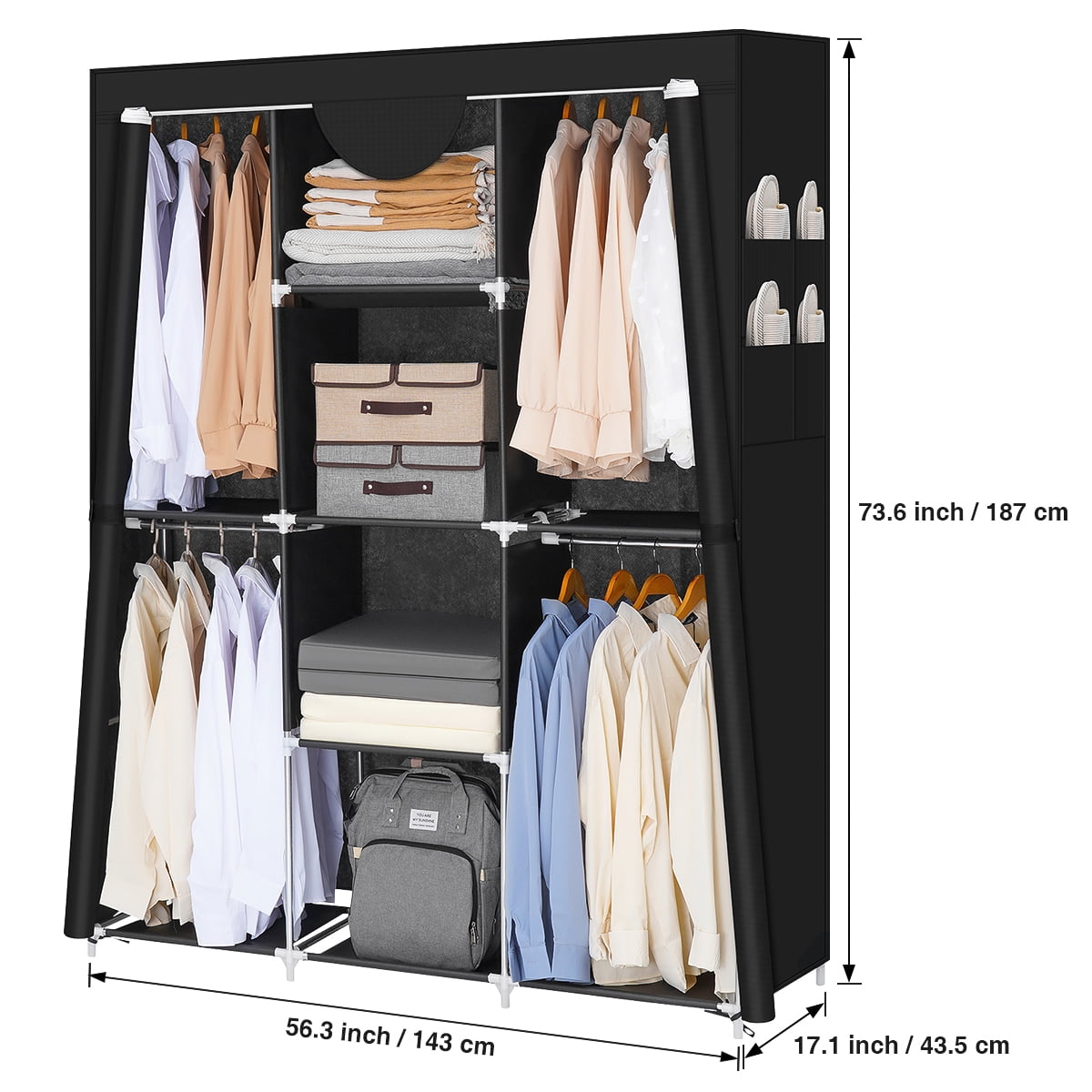 HONEIER Portable Wardrobe Closet Storage Organizer Rack with 4 Hanging Rods, 4 Shelves, 4 Side Pockets and Cover, 56.3x 73.6x 17 Inch, Large Capacity for Bedroom, Living Room, Sturdy, Grey/Black