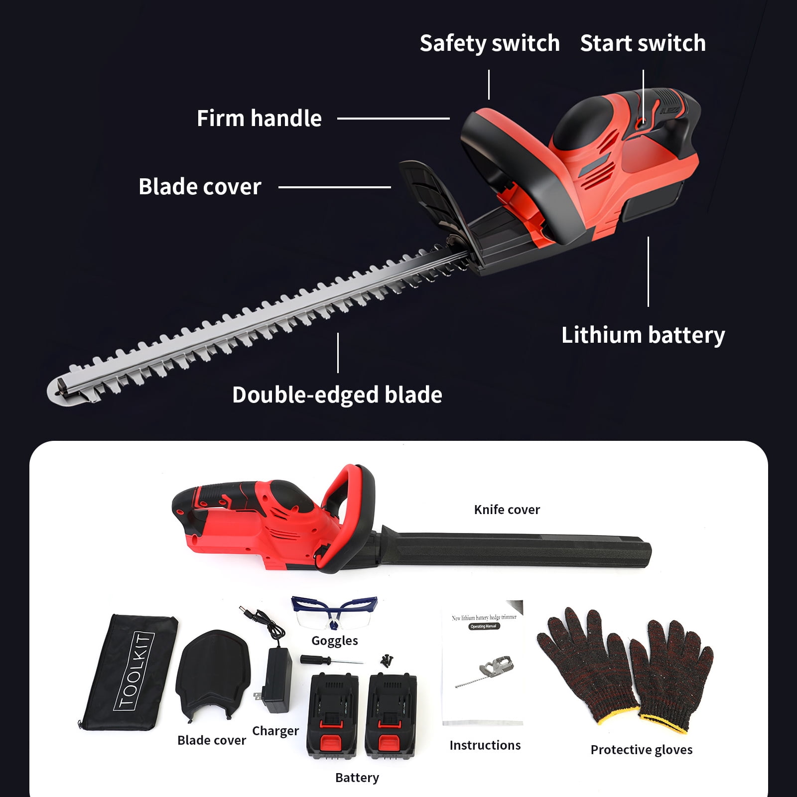 CATGOOD 22'' Cordless Electric hedge trimmer with 2x3.0Ah battery and charger, for Shrub Cutting, Trimming