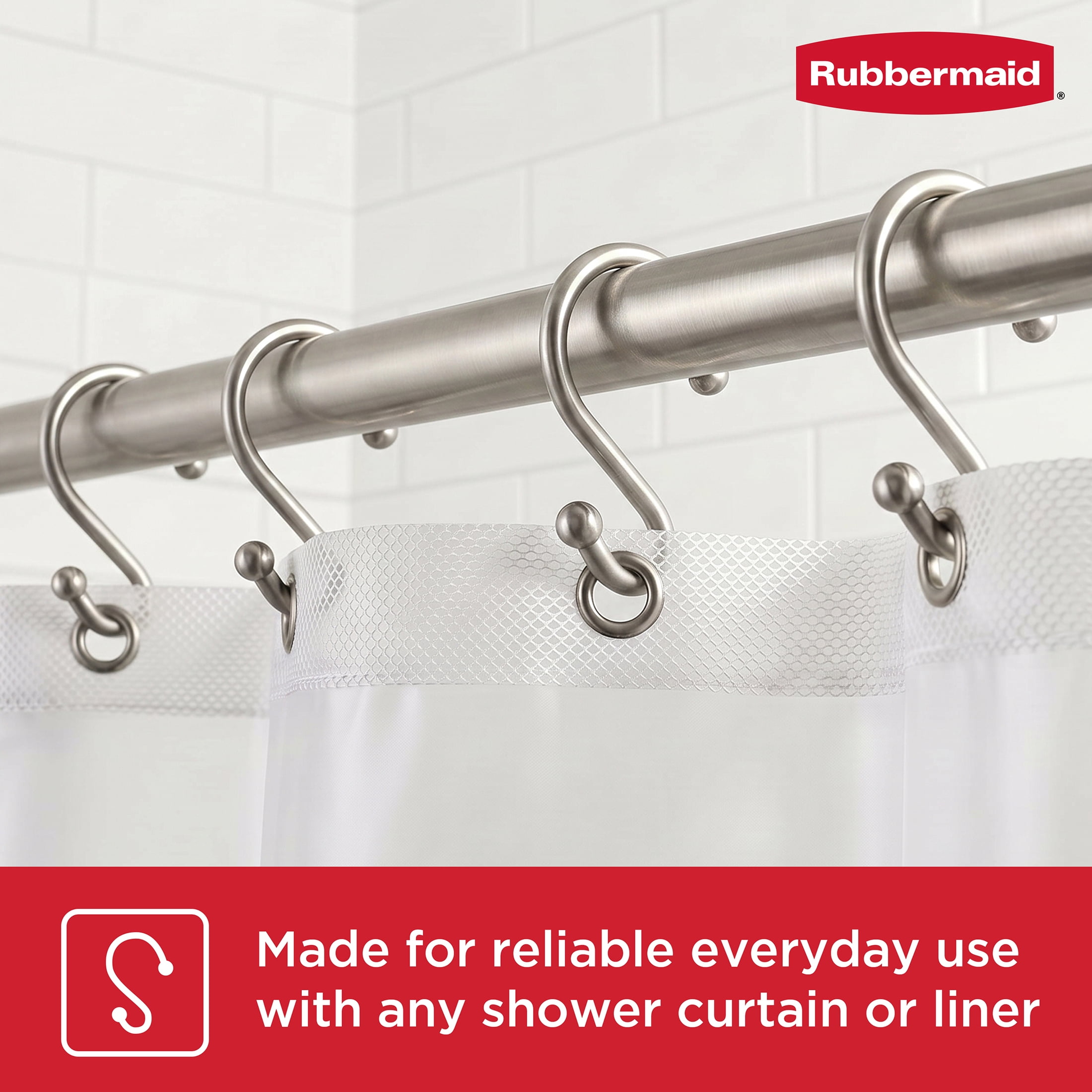 Rubbermaid Rustproof Stainless Steel S-Shaped Shower Hooks, Brushed Nickel, Set of 12