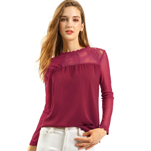AllegK CamiDe GaCon Cuello Redondo Y BluCampesiDe ManLarCon Panel Floral De Encaje PaMujer Vino rojo S
